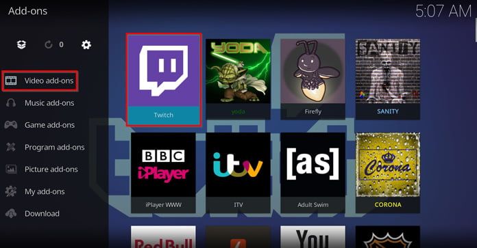 Twitch kan nås från Kodis huvudmeny