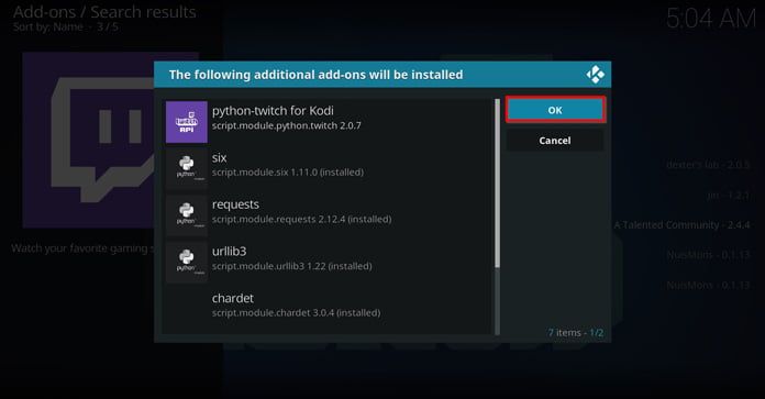 Klicka OK för att installera Twitch