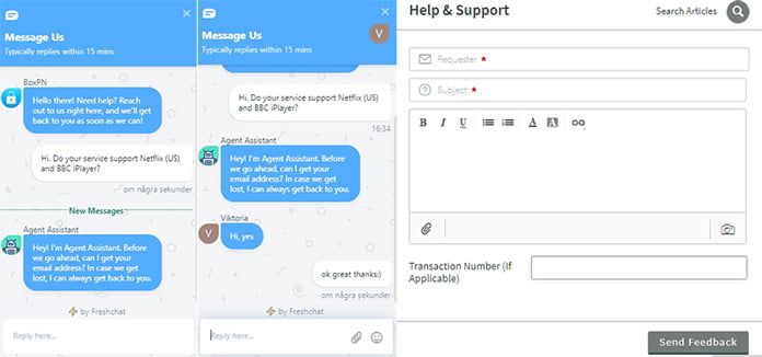 boxpn-support-via-webbformulär-och-direktchatt-chattloggen-visas