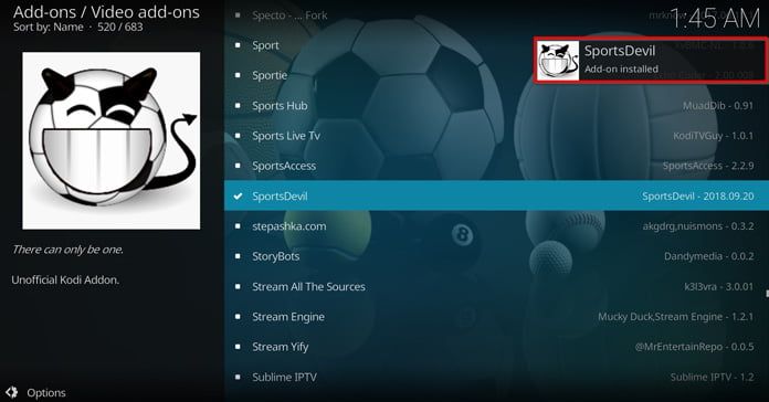 sportsdevil-kodi-tillägg-har-installerats
