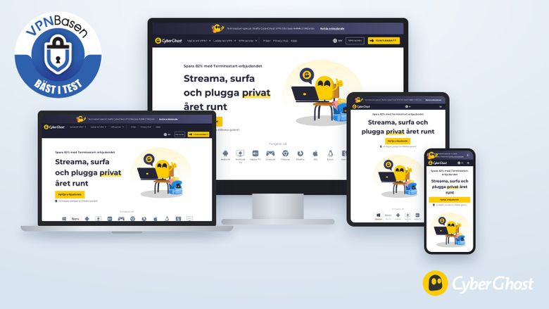 CyberGhost VPN visat på datorskärm, laptop, surfplatta och mobil med VPNBasens sigill Bäst i test