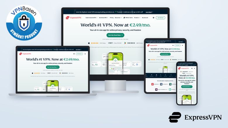 ExpressVPN visat på datorskärm, laptop, surfplatta och mobil med VPNBasens sigill Utmärkt produkt