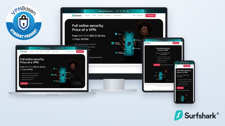 Surfshark visat på datorskärm, laptop, surfplatta och mobil med VPNBasens sigill Utmärkt produkt